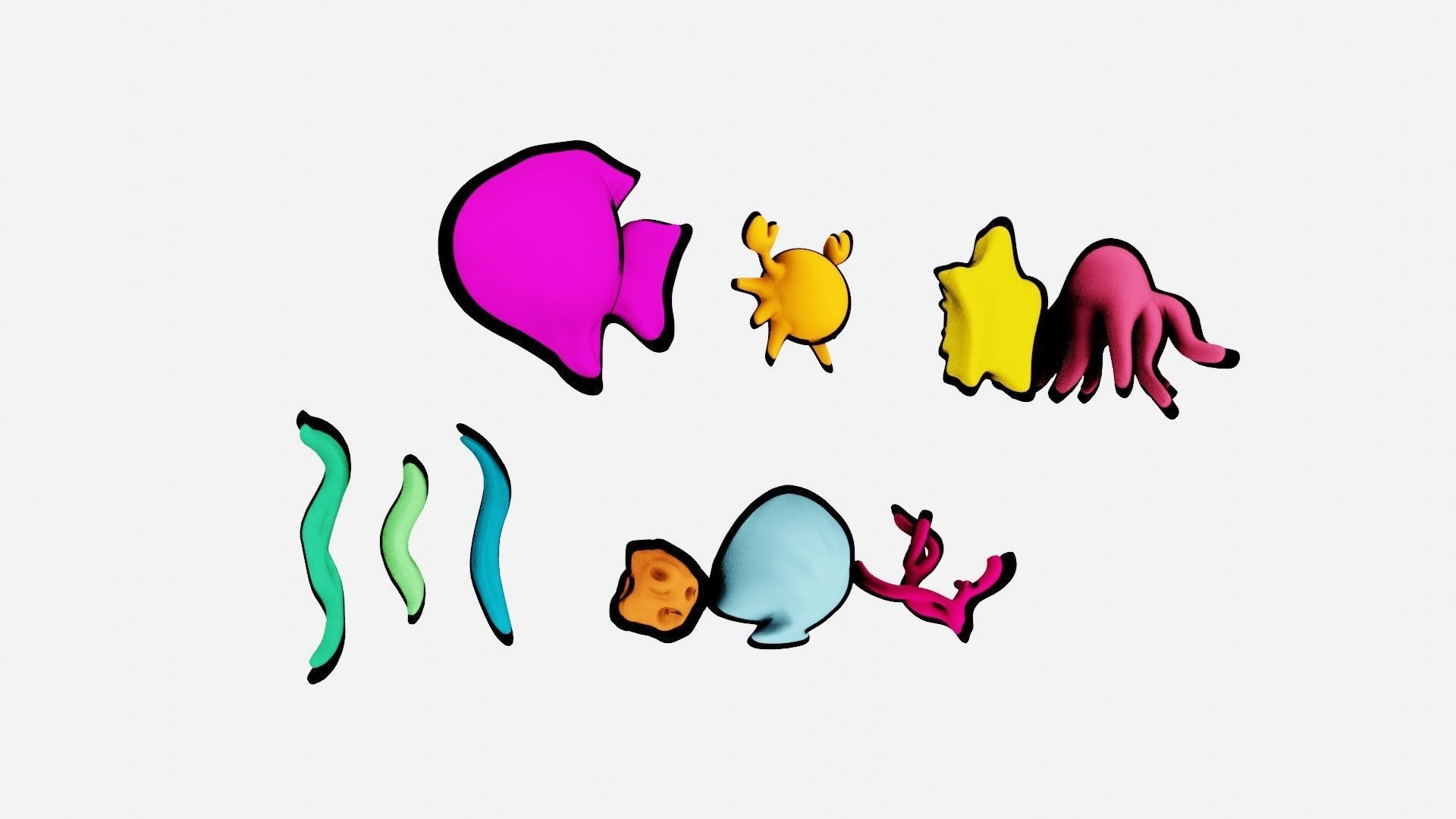 10 cartoon marine 3D icons with 3D Editable Lineart Low-poly 3D model_7