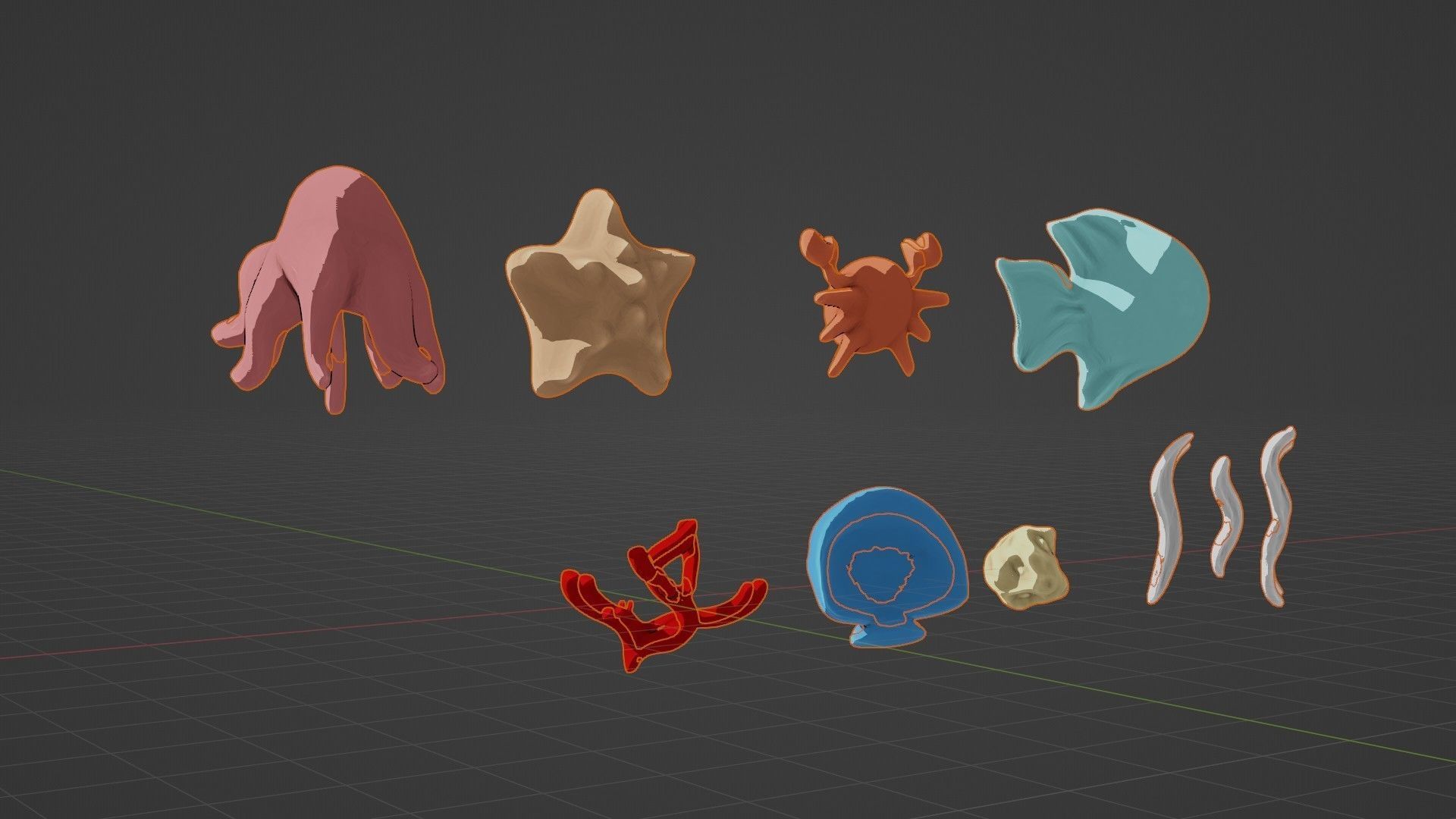 10 cartoon marine 3D icons with 3D Editable Lineart Low-poly 3D model_40