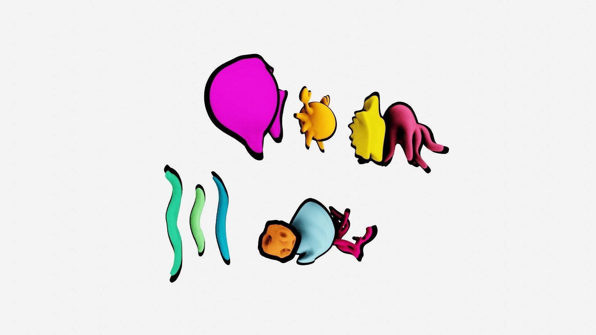 10 cartoon marine 3D icons with 3D Editable Lineart Low-poly 3D model_6