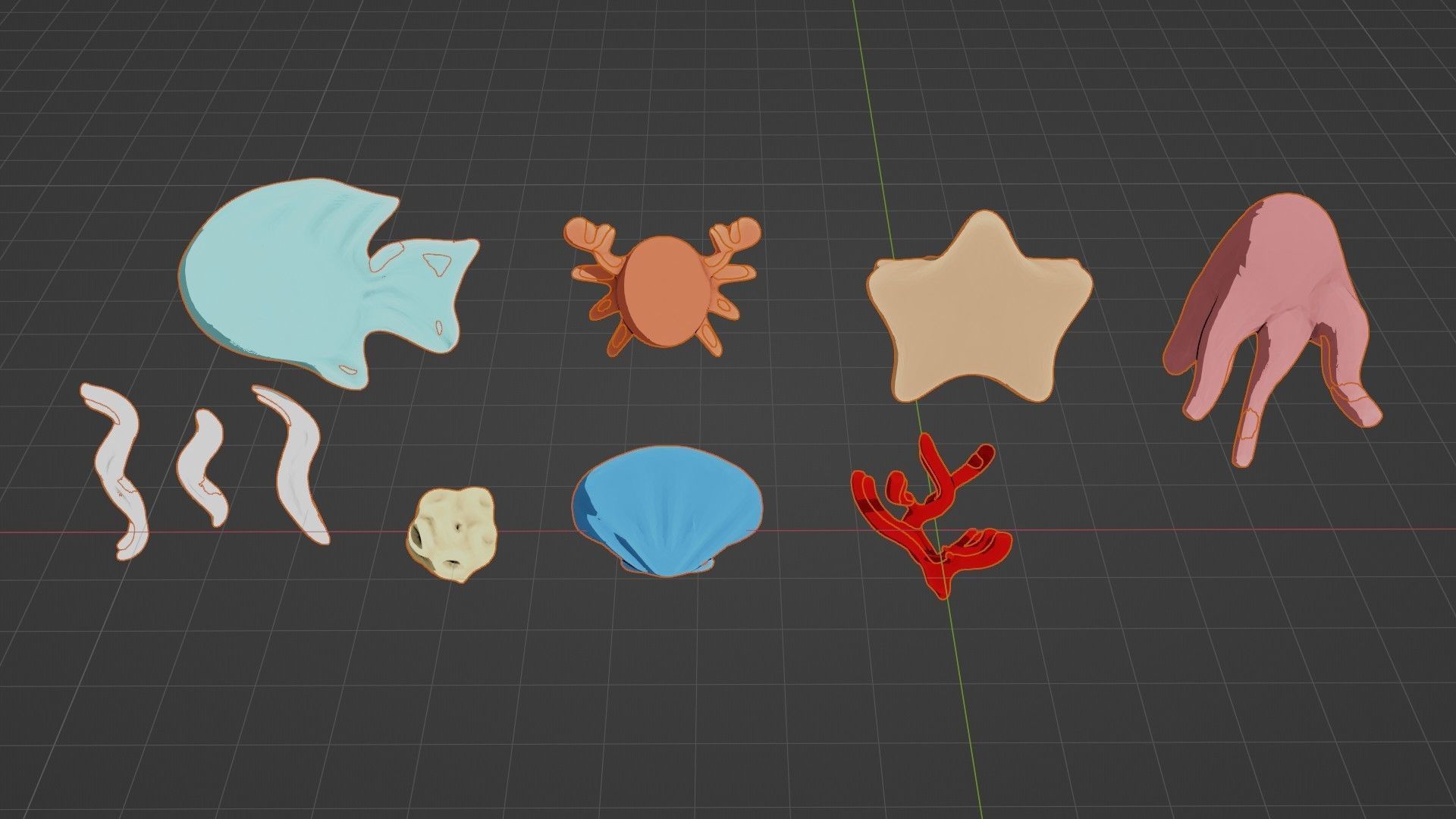 10 cartoon marine 3D icons with 3D Editable Lineart Low-poly 3D model_35