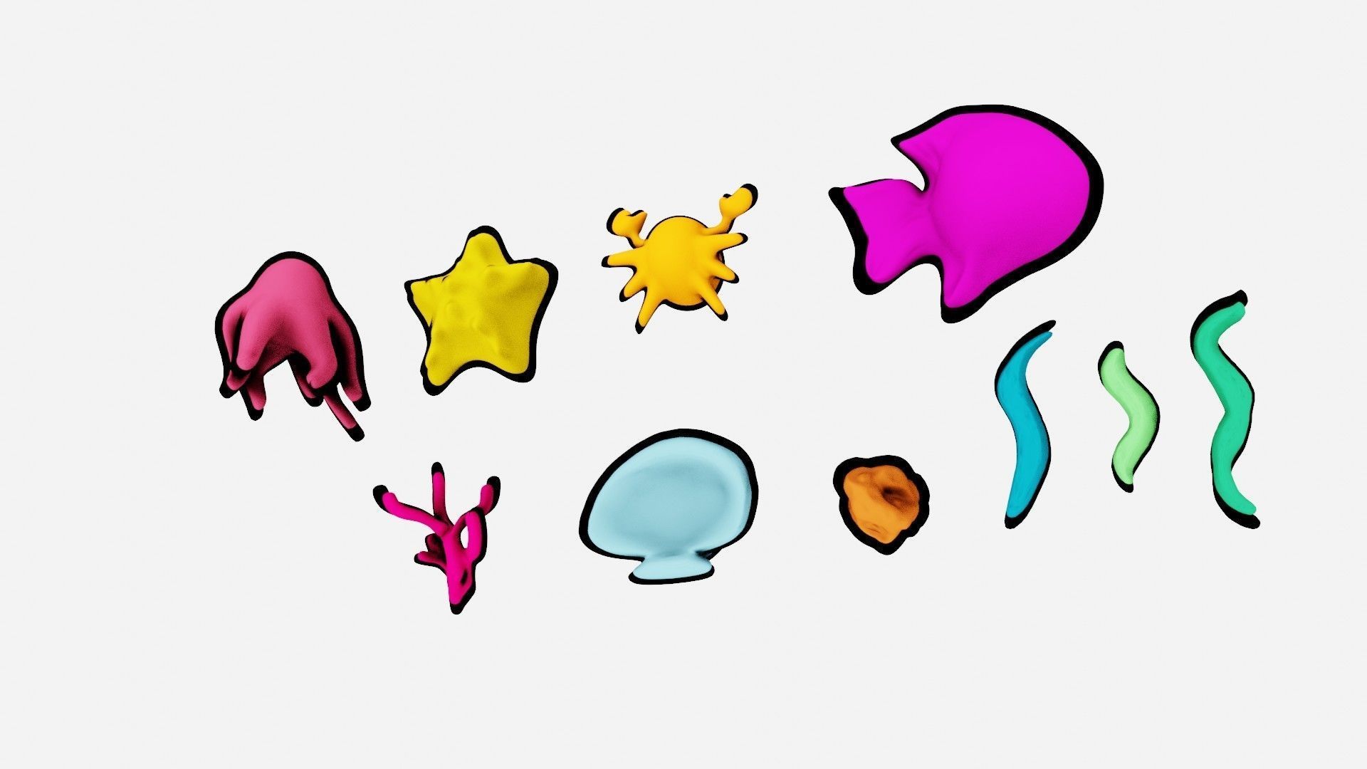 10 cartoon marine 3D icons with 3D Editable Lineart Low-poly 3D model_17