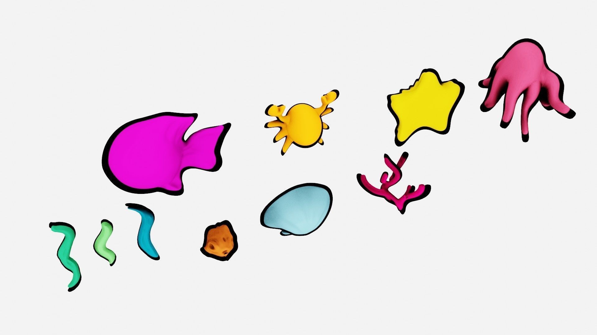 10 cartoon marine 3D icons with 3D Editable Lineart Low-poly 3D model_9