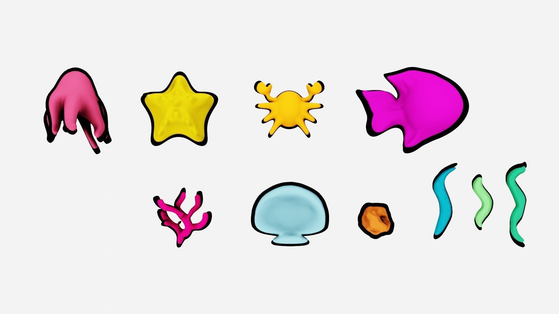 10 cartoon marine 3D icons with 3D Editable Lineart Low-poly 3D model_16