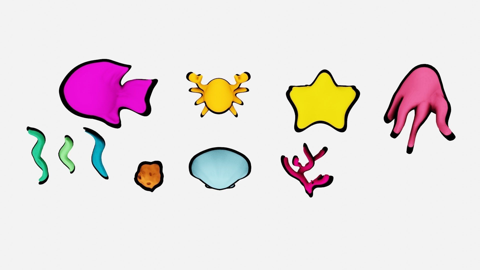 10 cartoon marine 3D icons with 3D Editable Lineart Low-poly 3D model_10