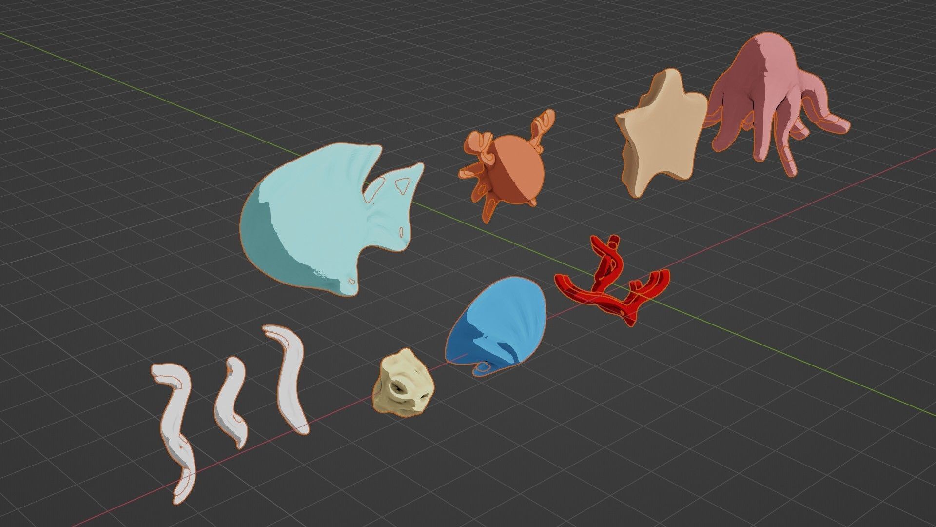 10 cartoon marine 3D icons with 3D Editable Lineart Low-poly 3D model_33