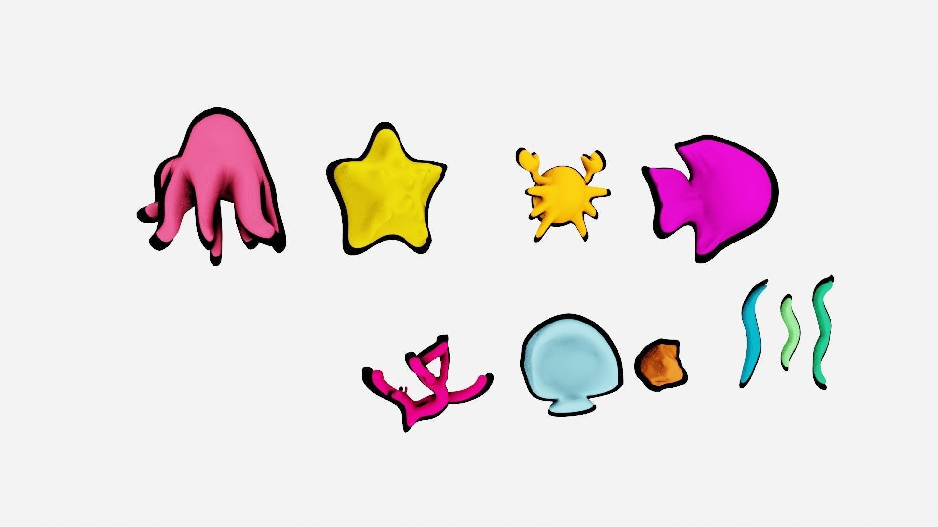 10 cartoon marine 3D icons with 3D Editable Lineart Low-poly 3D model_15