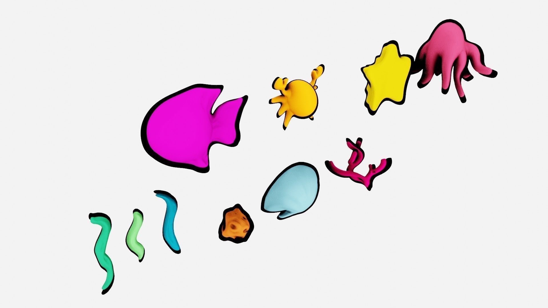 10 cartoon marine 3D icons with 3D Editable Lineart Low-poly 3D model_8