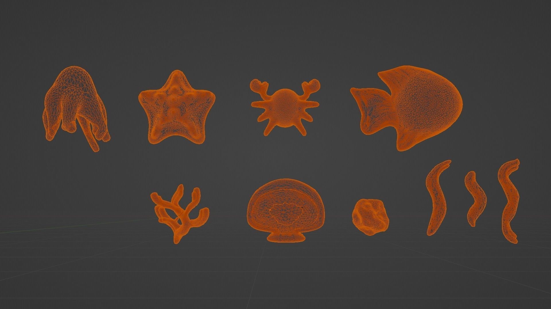 10 cartoon marine 3D icons with 3D Editable Lineart Low-poly 3D model_66