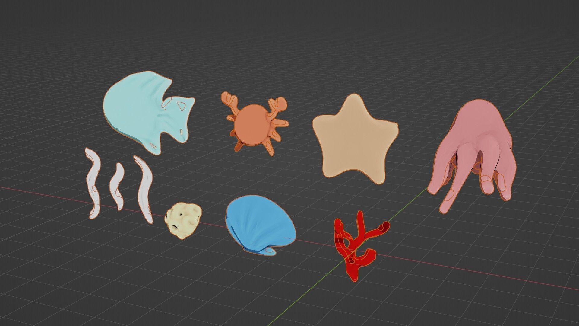 10 cartoon marine 3D icons with 3D Editable Lineart Low-poly 3D model_36