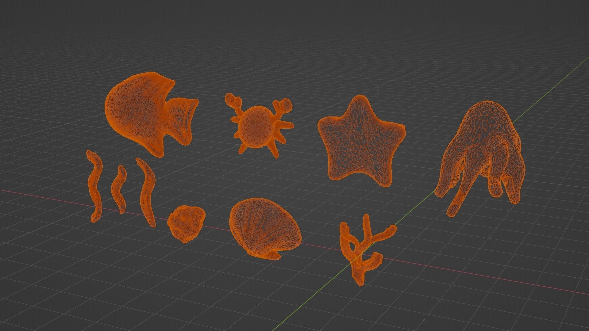 10 cartoon marine 3D icons with 3D Editable Lineart Low-poly 3D model_61