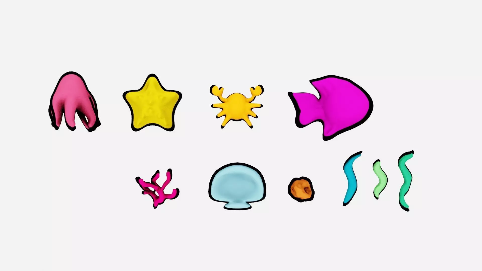 10 cartoon marine 3D icons with 3D Editable Lineart Low-poly 3D model_0