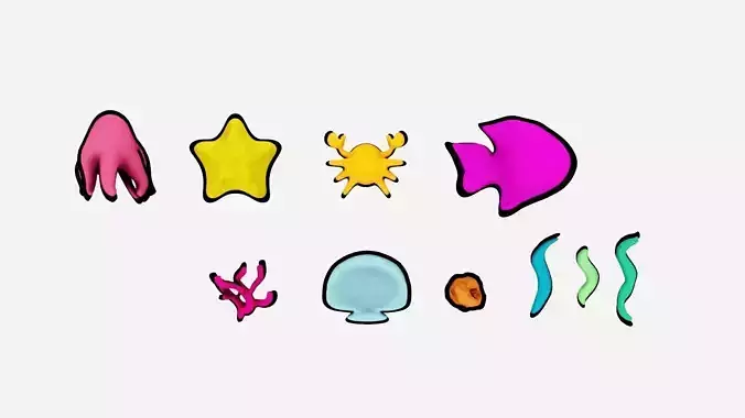 10 cartoon marine 3D icons with 3D Editable Lineart Low-poly 3D model