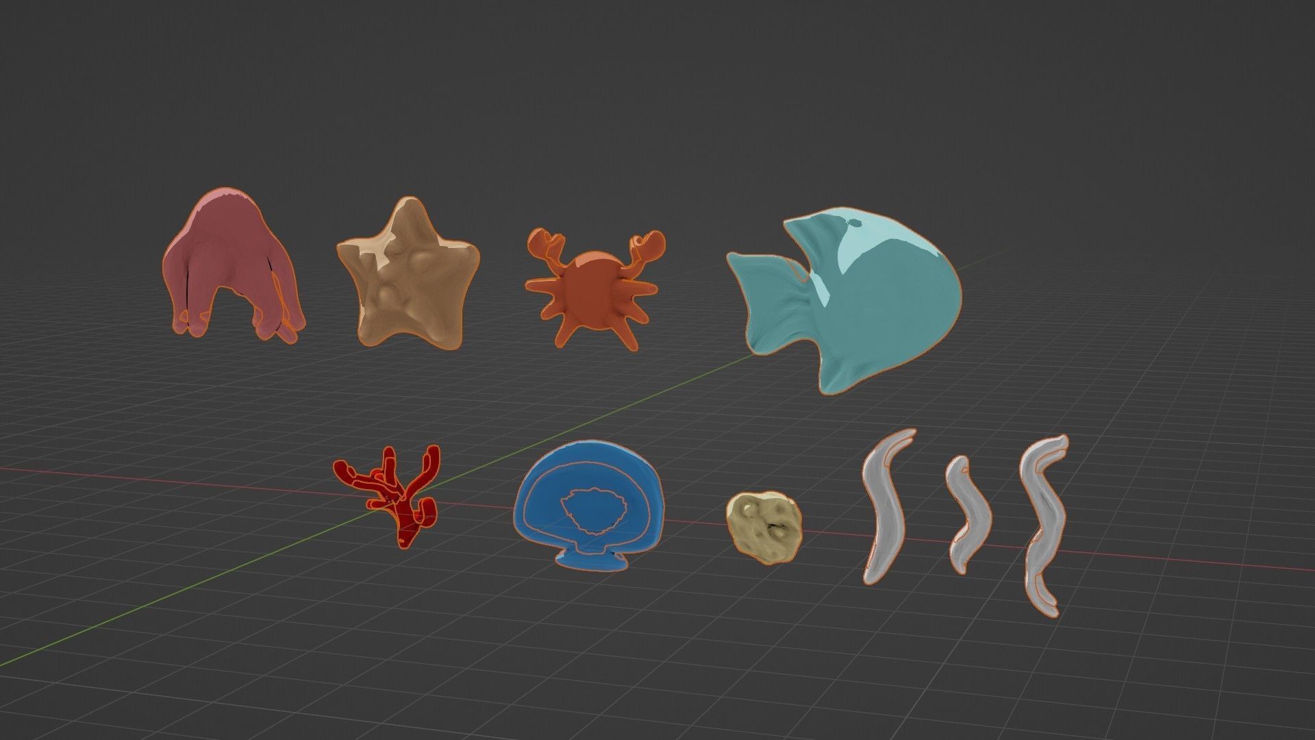 10 cartoon marine 3D icons with 3D Editable Lineart Low-poly 3D model_26