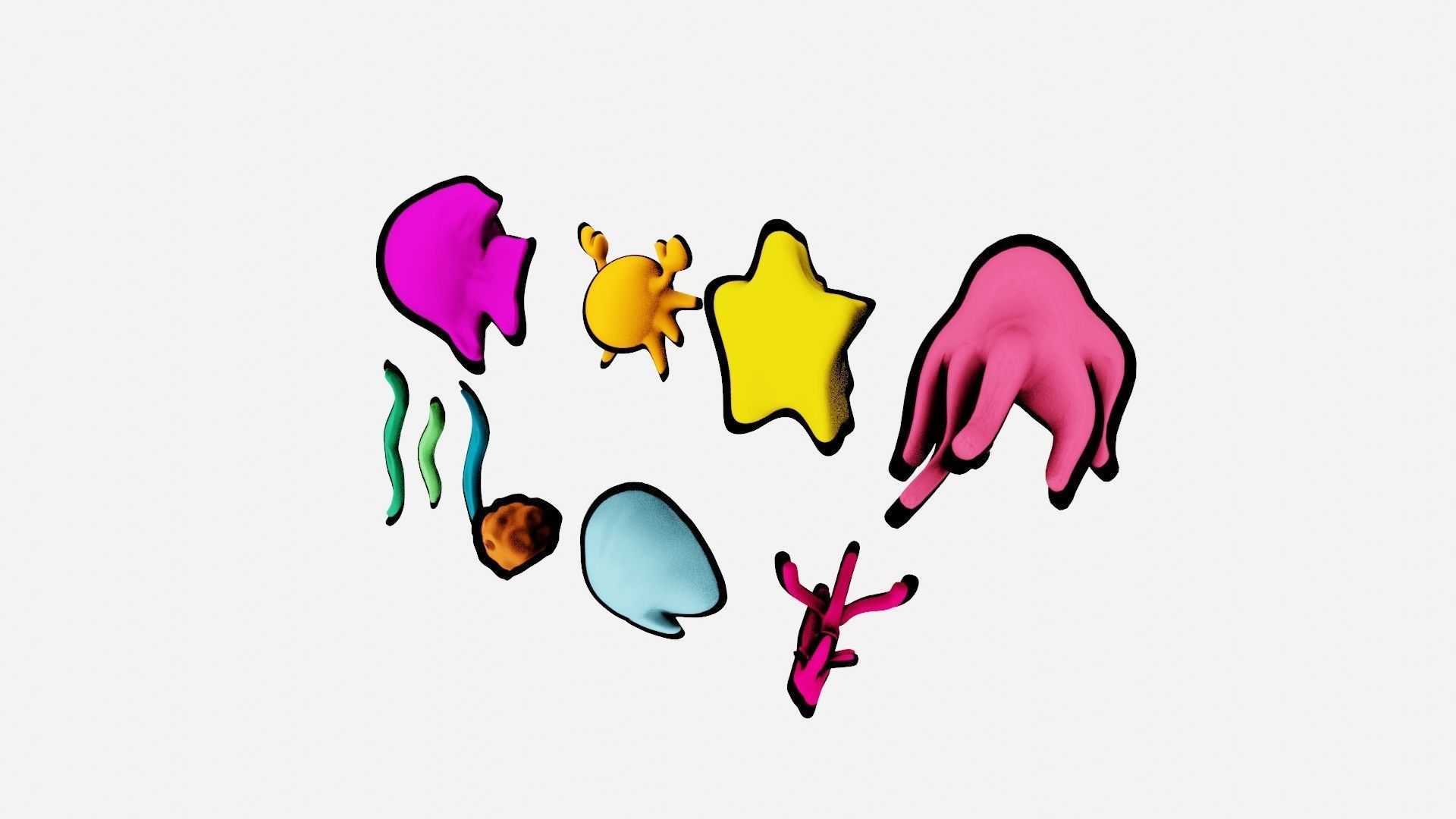 10 cartoon marine 3D icons with 3D Editable Lineart Low-poly 3D model_12