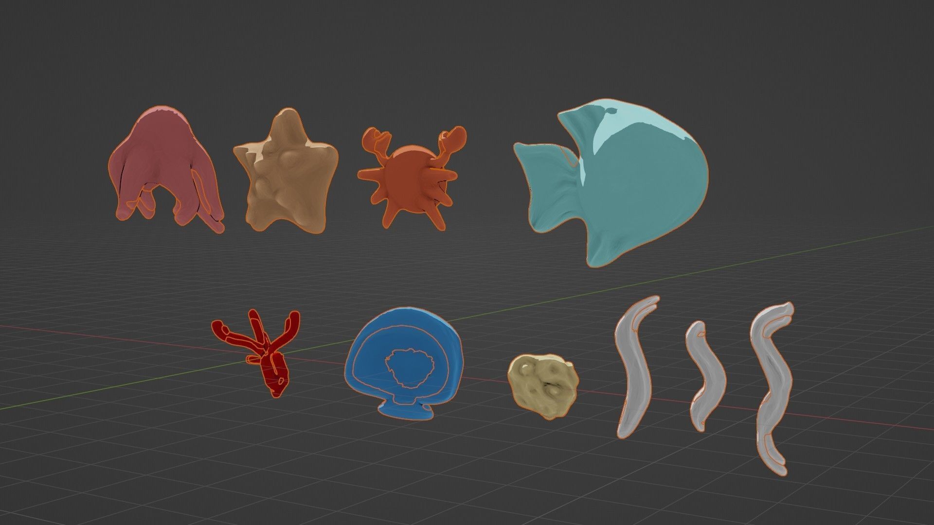 10 cartoon marine 3D icons with 3D Editable Lineart Low-poly 3D model_27