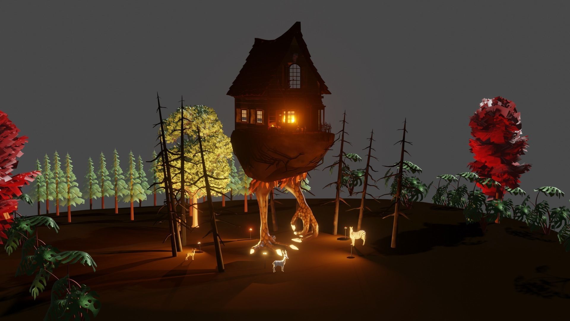 3D Rain Forest Scene Animated With Animals And Haunted Hut Low-poly 3D model_2