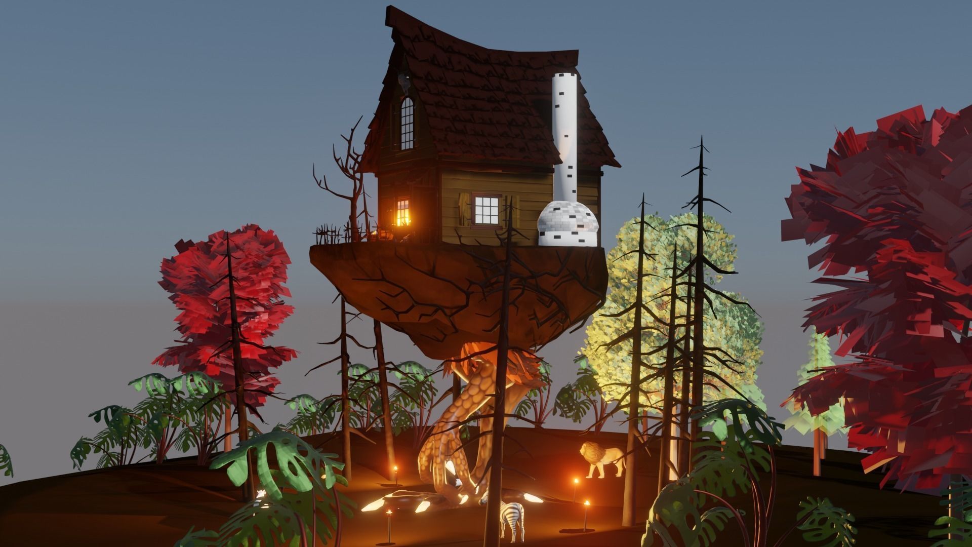 3D Rain Forest Scene Animated With Animals And Haunted Hut Low-poly 3D model_4