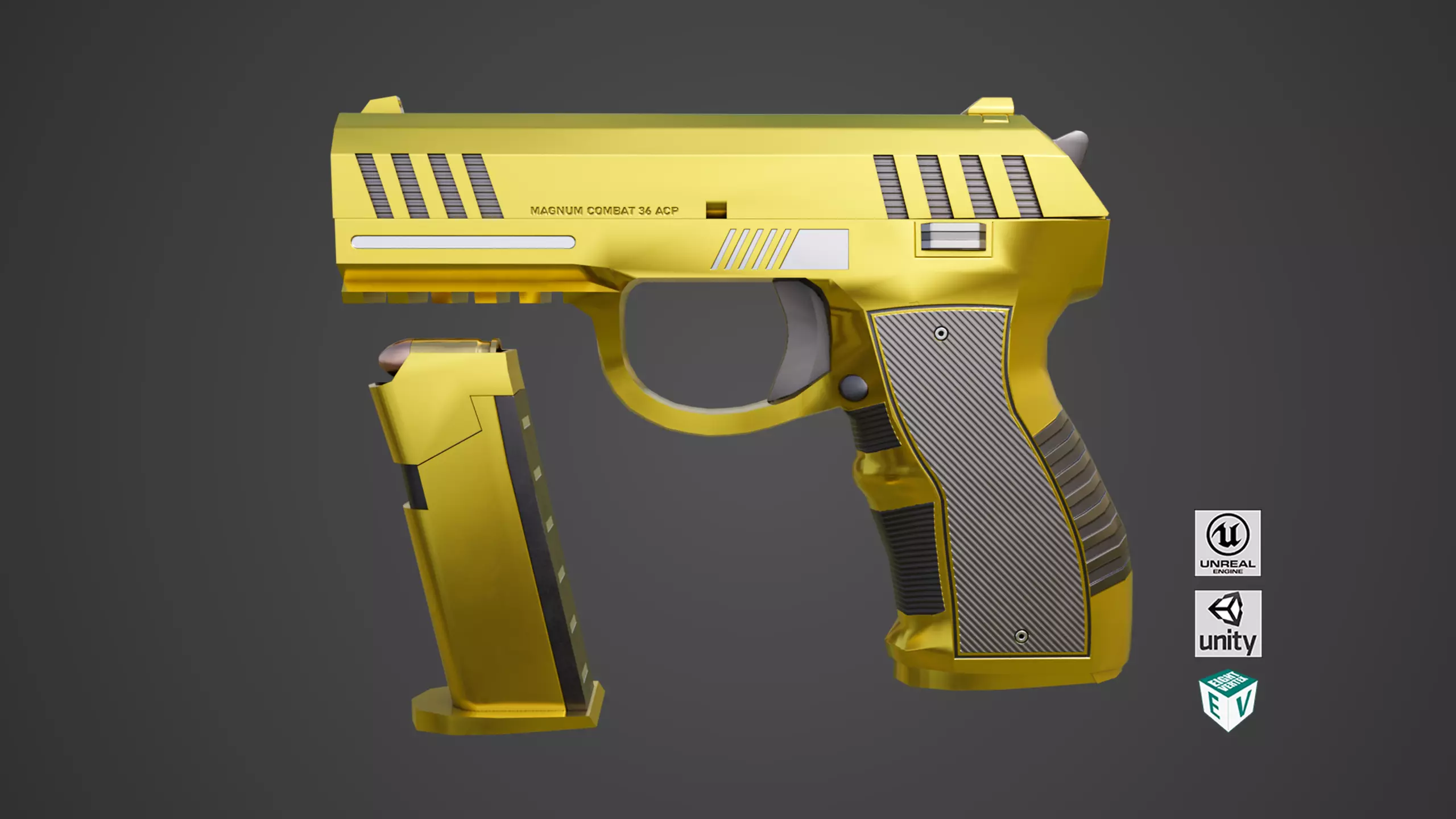 Golden Pistol 04 All PBR Unity UE Textures Included Low-poly 3D model_0