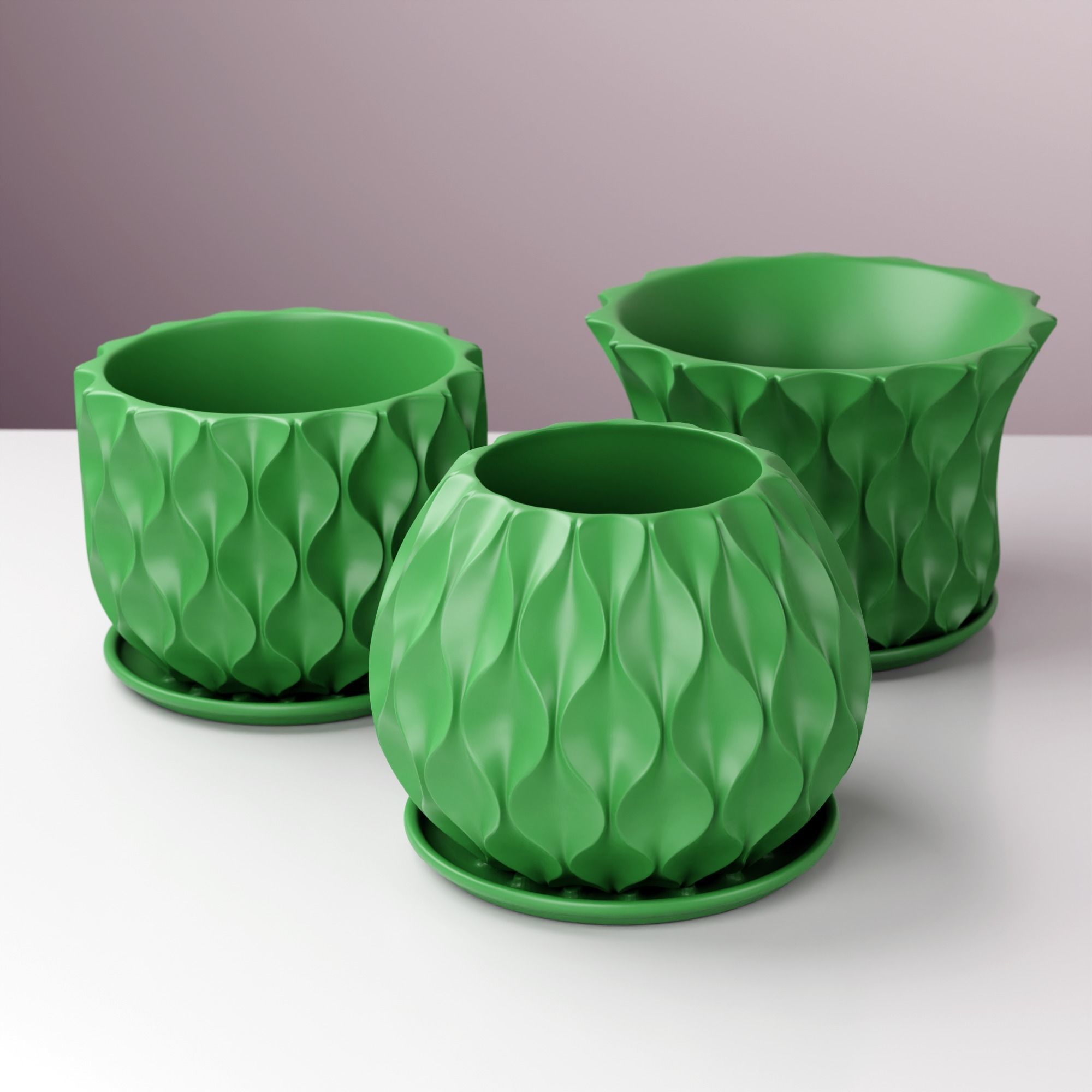 Wave pot planter with drainage and Tray set of 03 PCS 3D print model_1