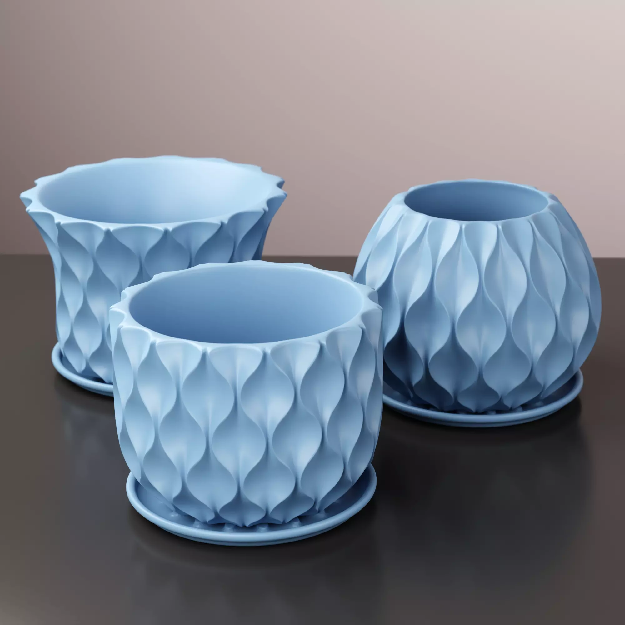 Wave pot planter with drainage and Tray set of 03 PCS 3D print model_0