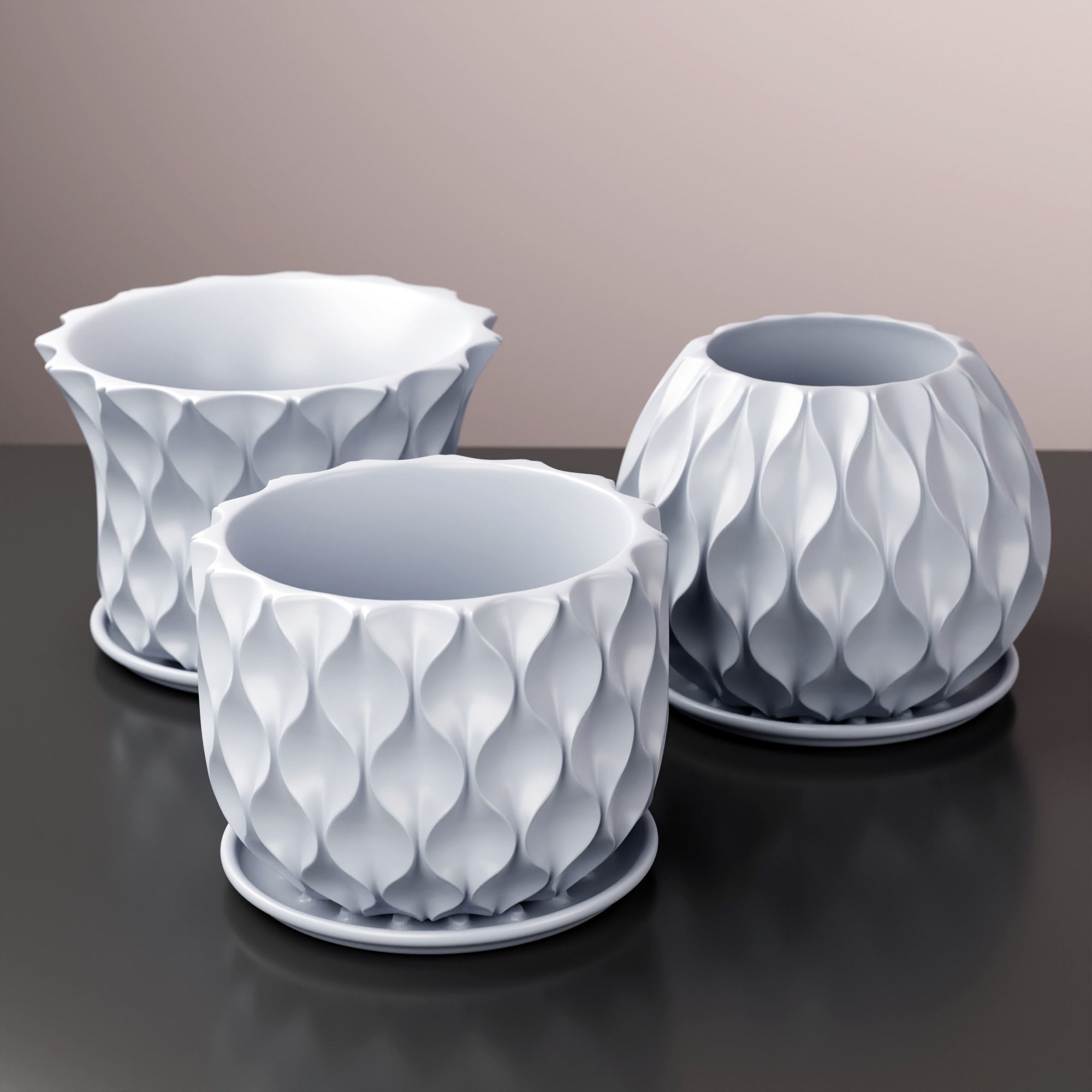 Wave pot planter with drainage and Tray set of 03 PCS 3D print model_2