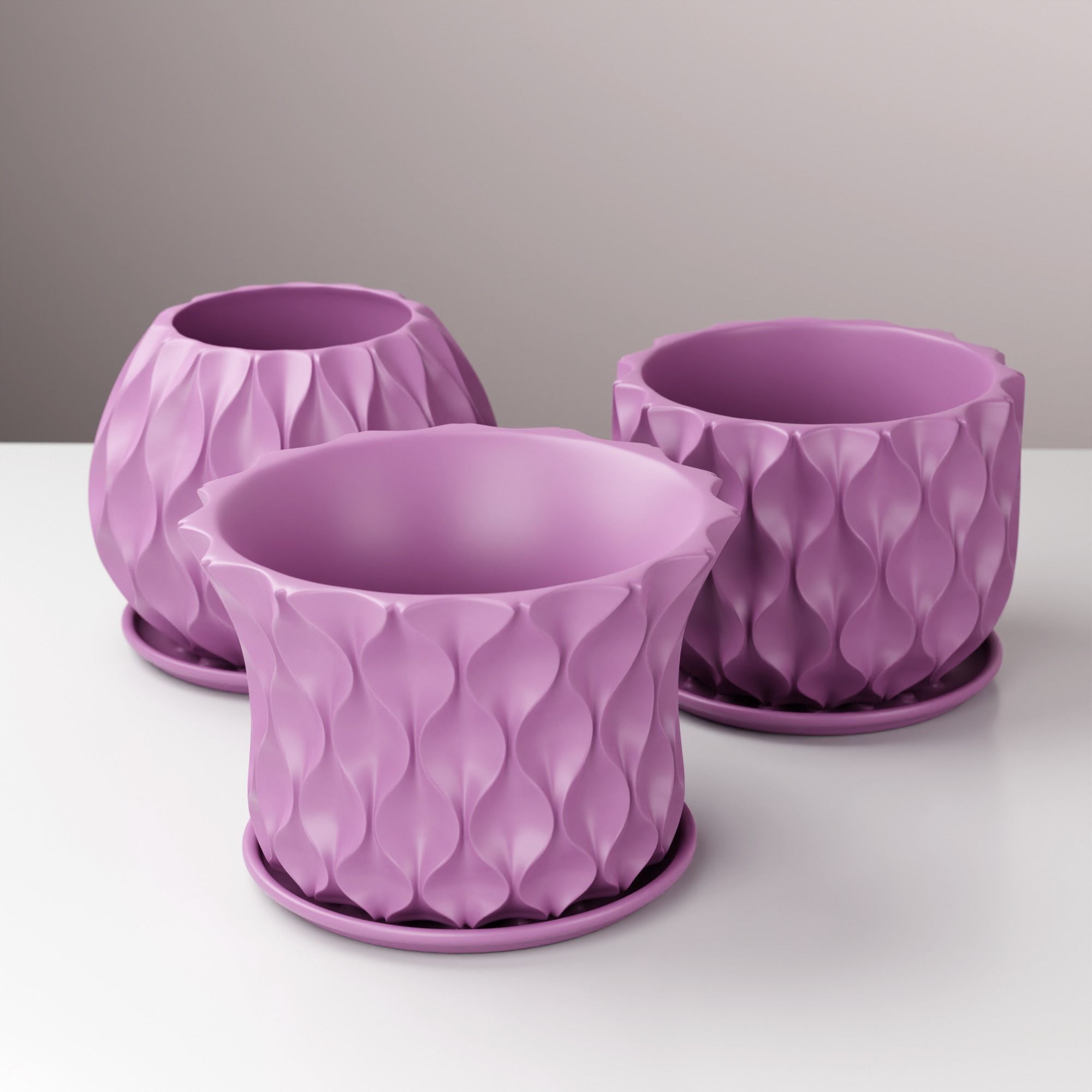 Wave pot planter with drainage and Tray set of 03 PCS 3D print model_3