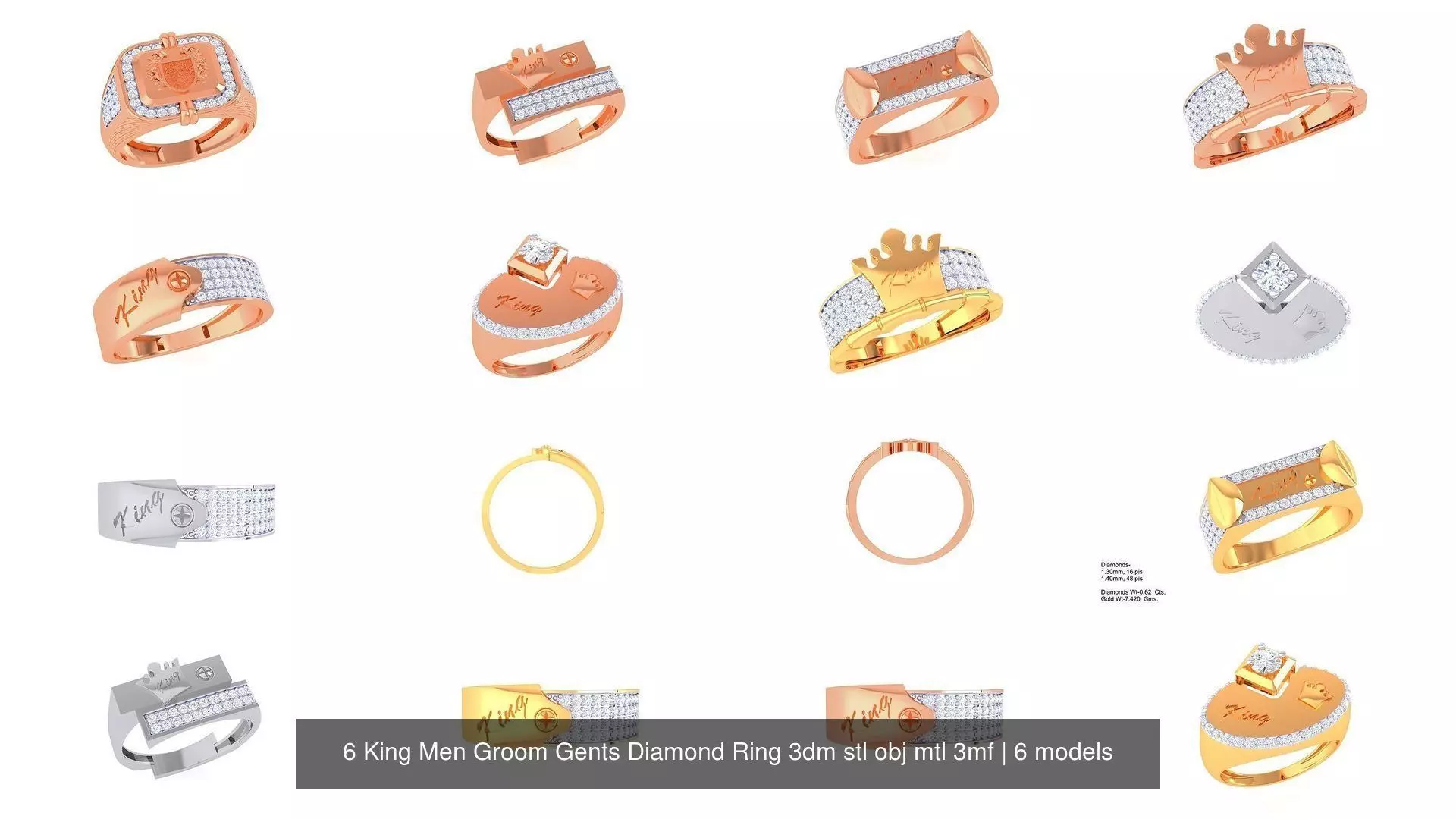 6 King Men Groom Gents Diamond Ring 3dm stl obj mtl 3mf 3D Model Collection_1
