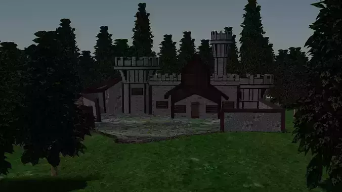 low poly medieval house with forest