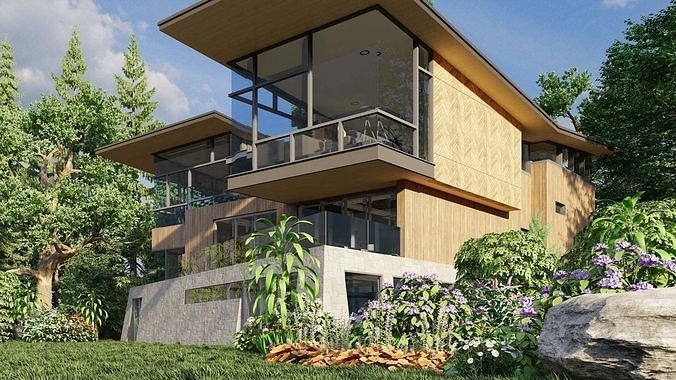 A Villa in the valley with flowers and trees 3D model 4