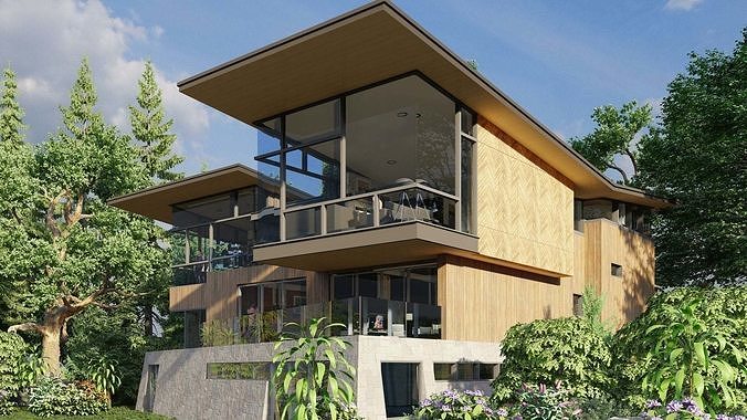 A Villa in the valley with flowers and trees 3D model 5
