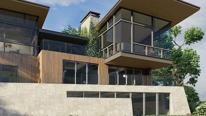 A Villa in the valley with flowers and trees 3D model 7