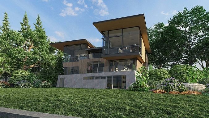 A Villa in the valley with flowers and trees 3D model 2