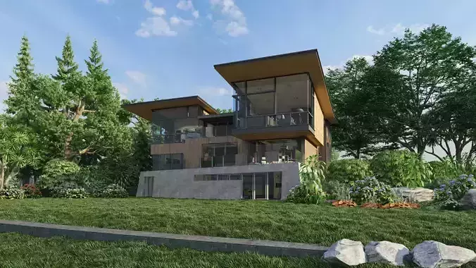 A Villa in the valley with flowers and trees