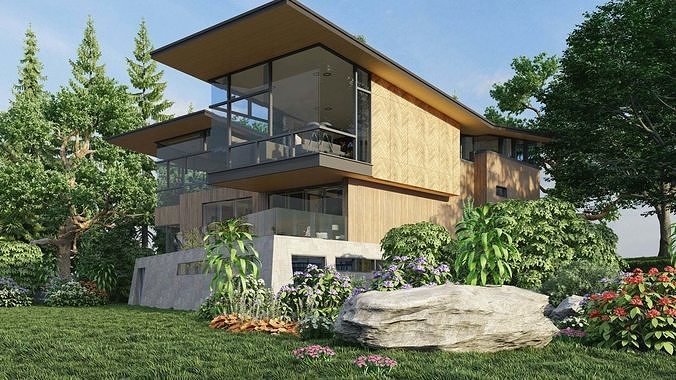 A Villa in the valley with flowers and trees 3D model 3