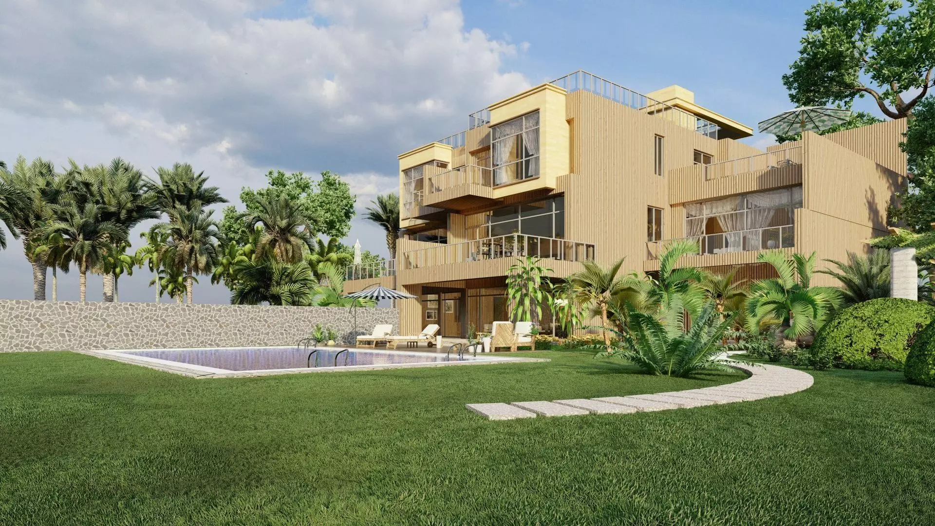 Beautiful villa with swimming pool 3D model_0