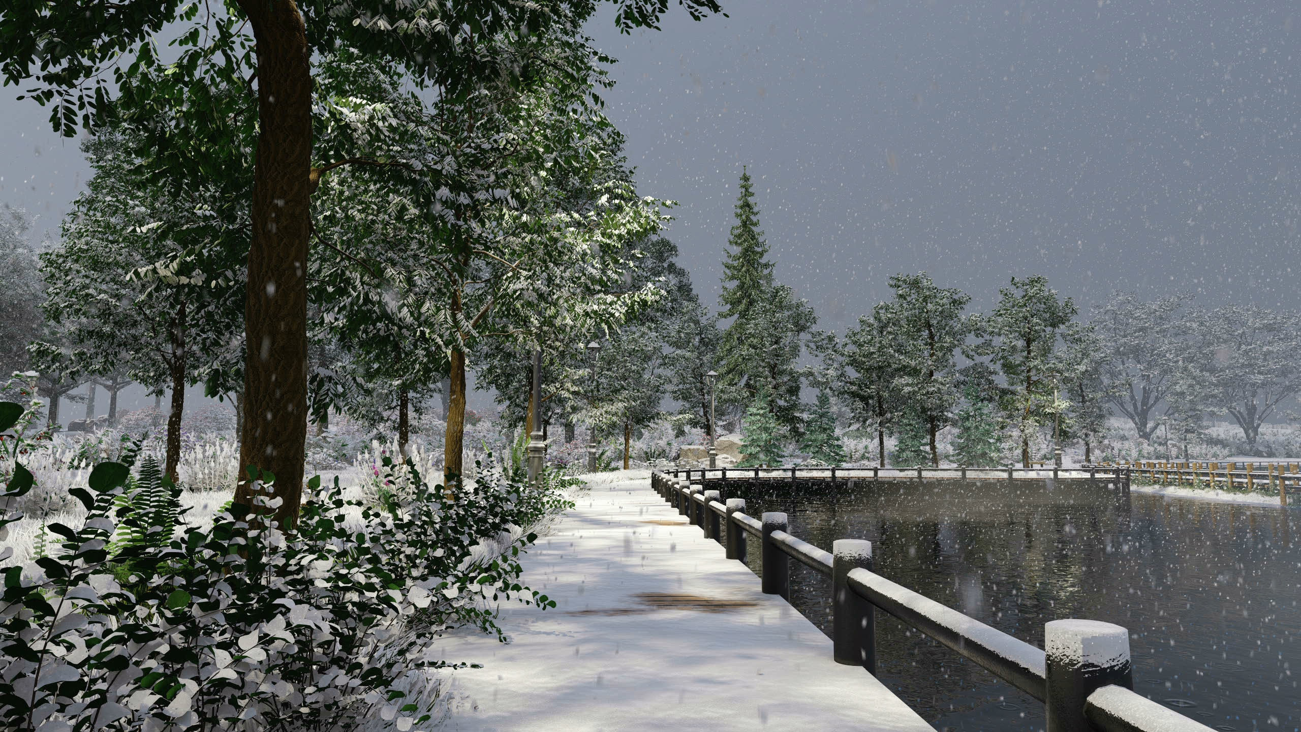 Covered bridge cross four seasons spring summer autumn winter 3D model_5