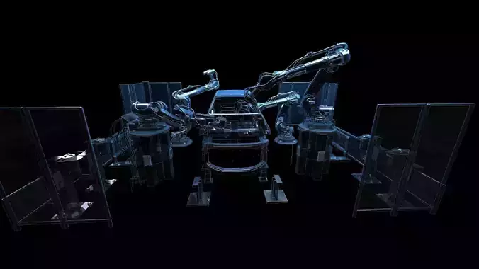 Robot arm animation car manufacturing production line factory 3D model