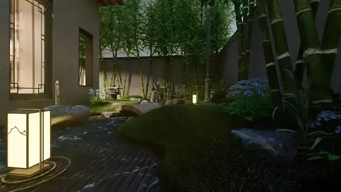 Elegant and classical Chinese Japanese style small courtyard 3D model