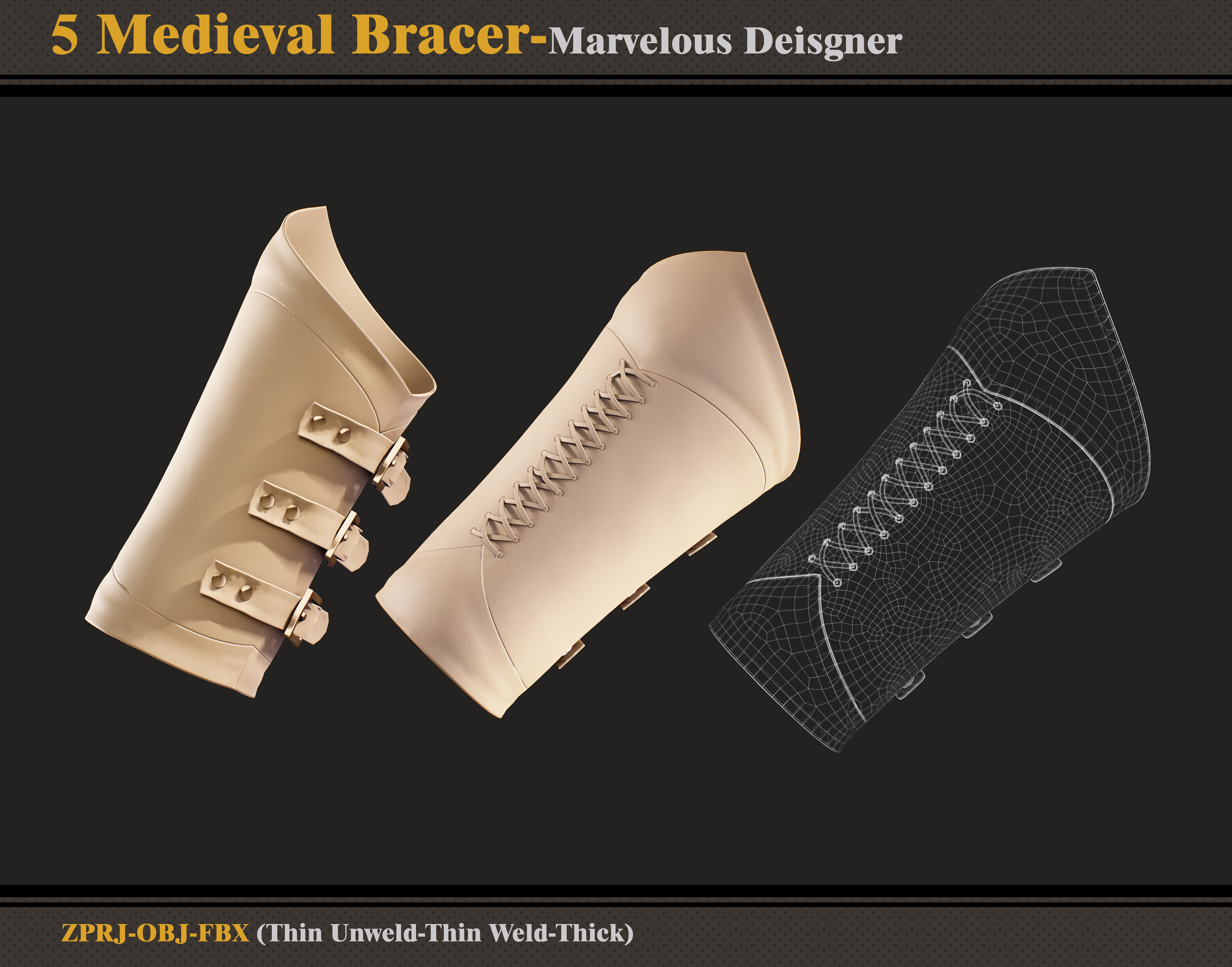 5 Medieval Bracers -Marvelous Designer -ZPRJ - FBX - OBJ 3D model_4