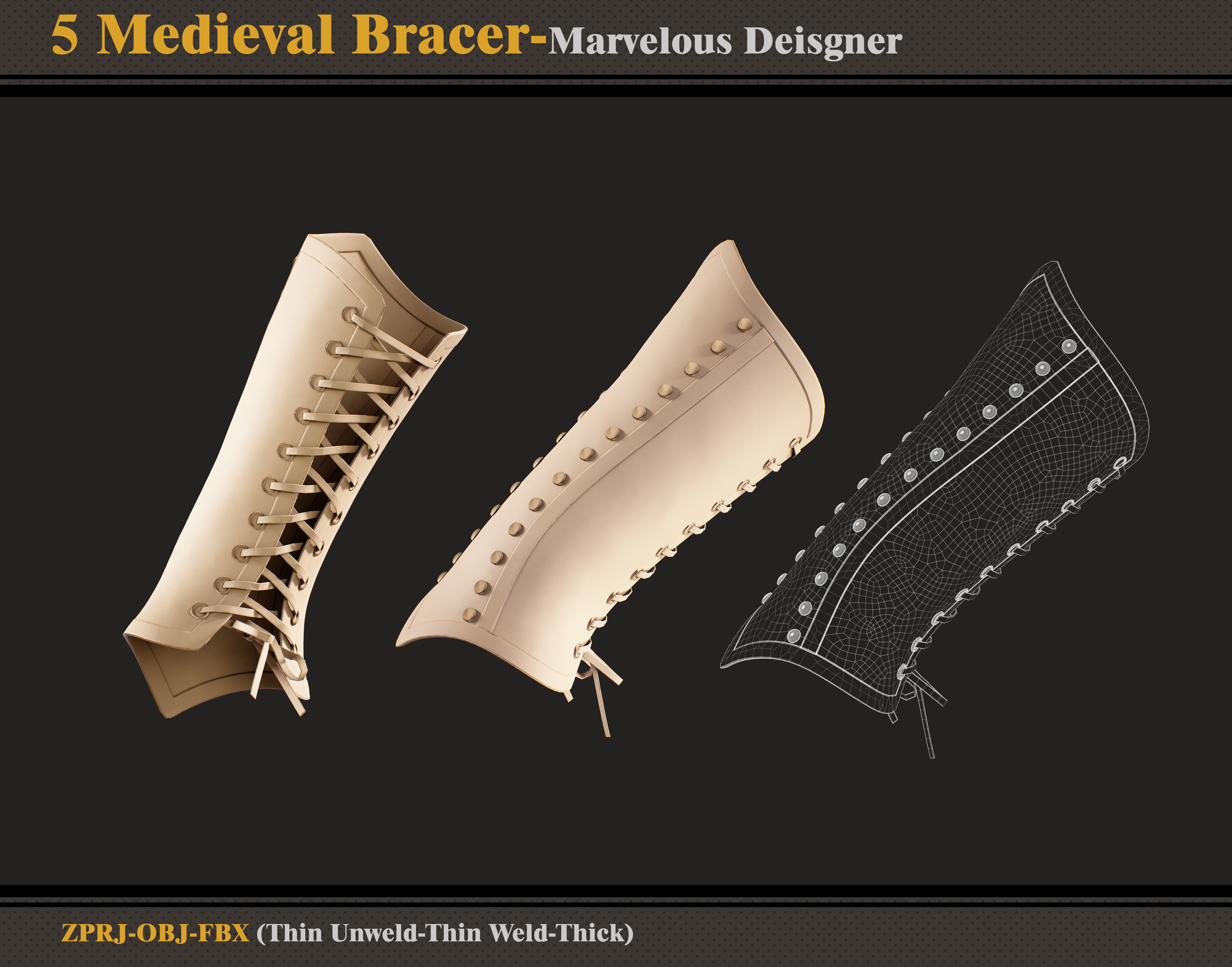 5 Medieval Bracers -Marvelous Designer -ZPRJ - FBX - OBJ 3D model_3