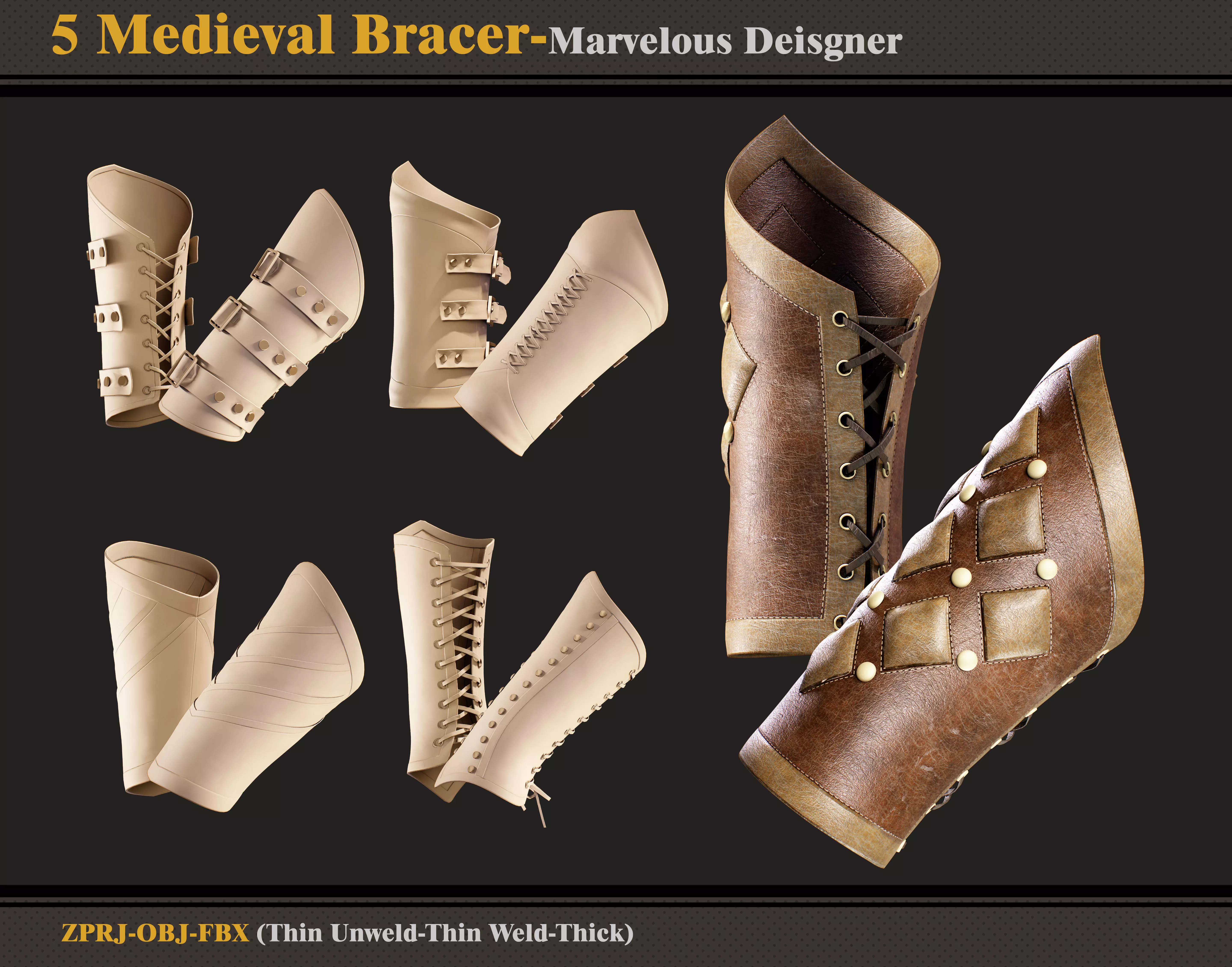 5 Medieval Bracers -Marvelous Designer -ZPRJ - FBX - OBJ 3D model_0