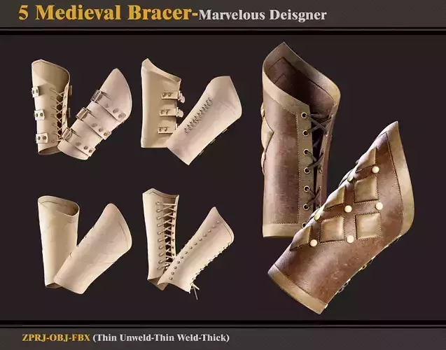 5 Medieval Bracers -Marvelous Designer -ZPRJ - FBX - OBJ