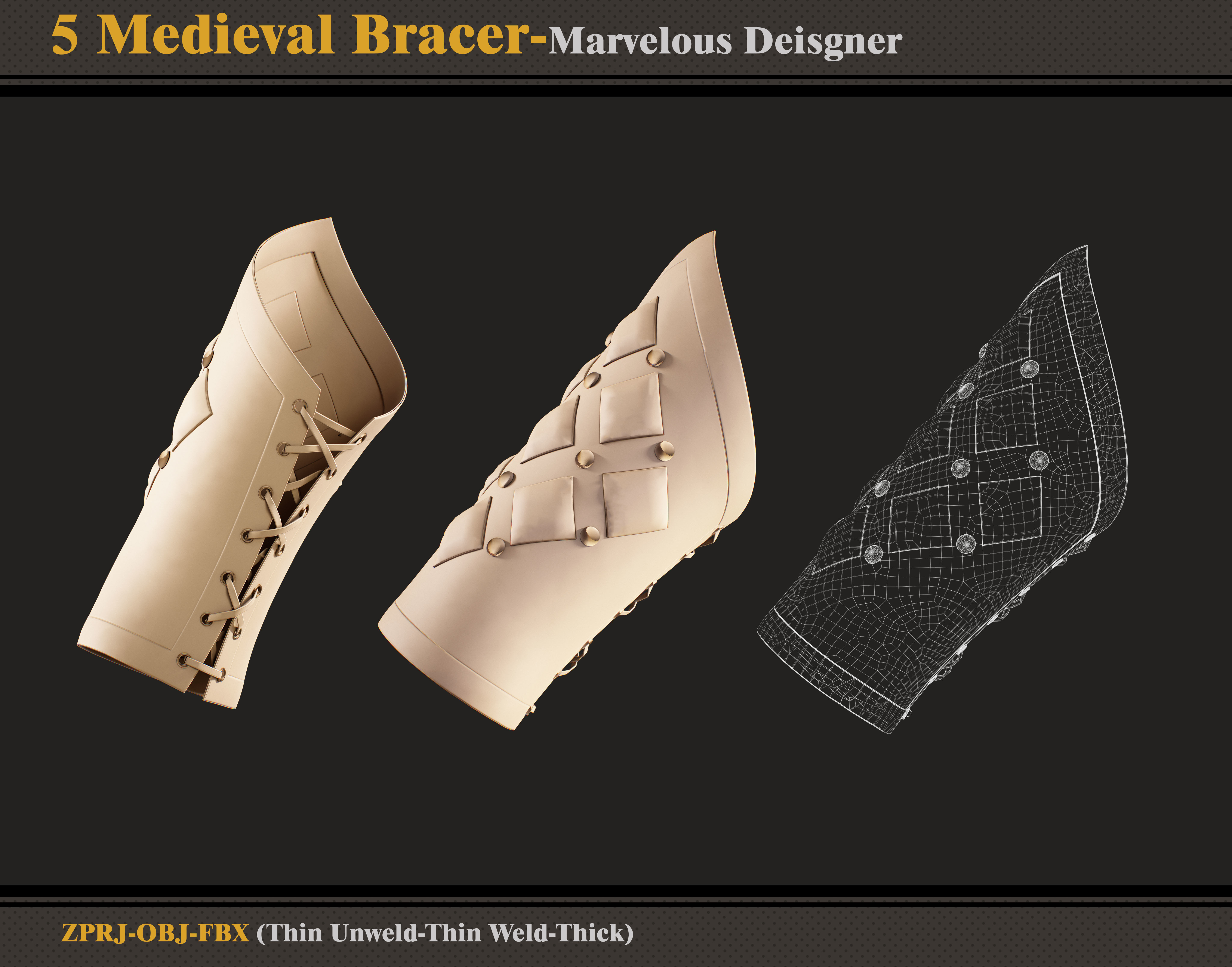 5 Medieval Bracers -Marvelous Designer -ZPRJ - FBX - OBJ 3D model_1