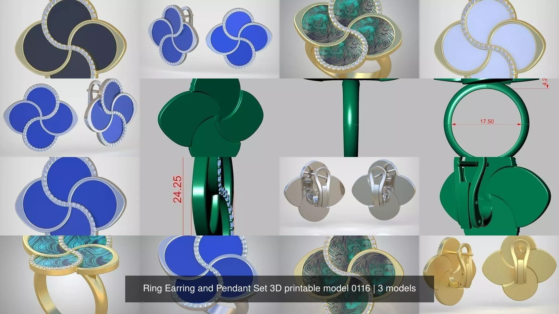 Ring Earring and Pendant Set 3D printable model 0116 3D Model Collection_1