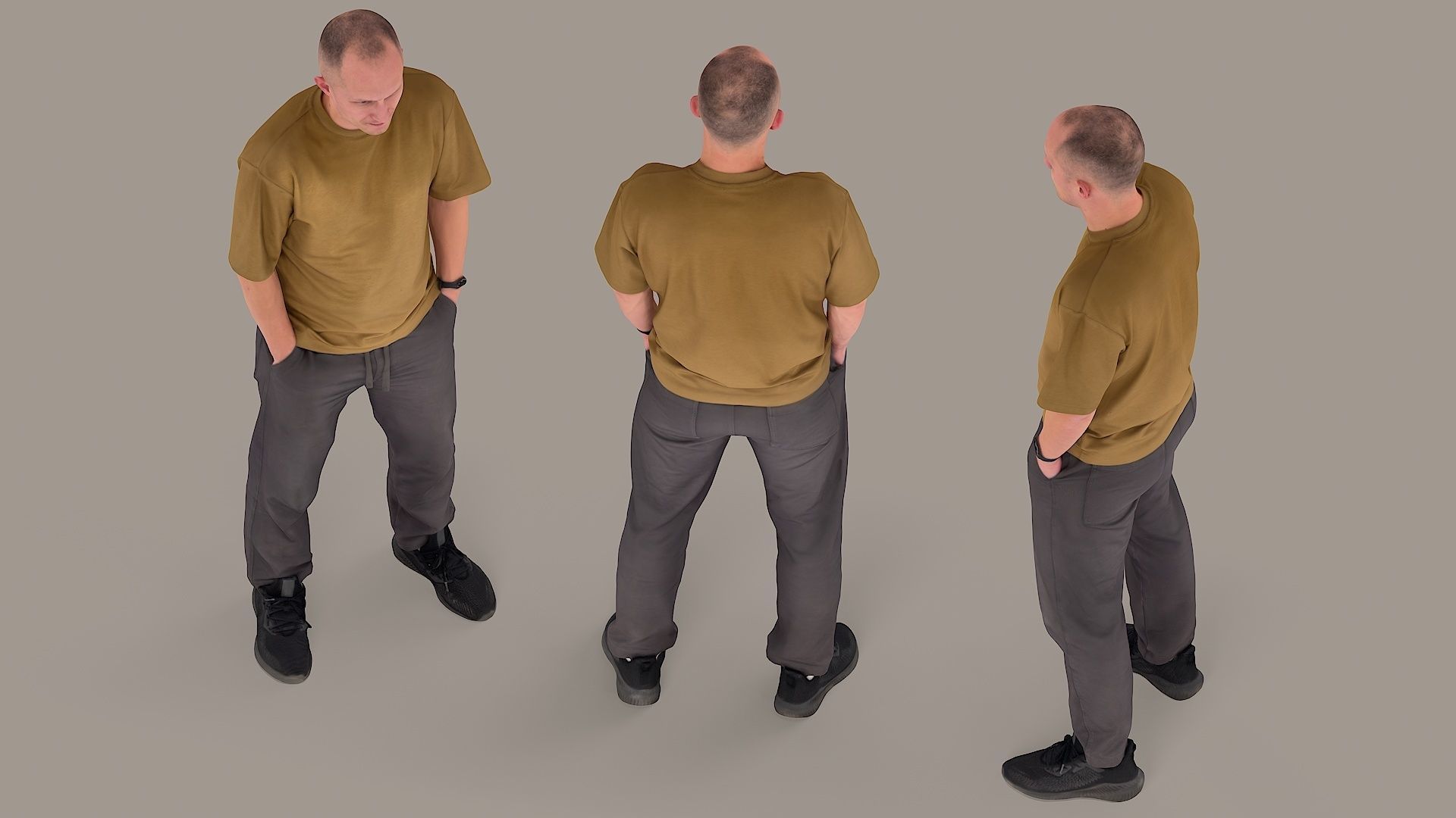 Urban Minimalist Bald Man in Mustard T-Shirt 3D model_5