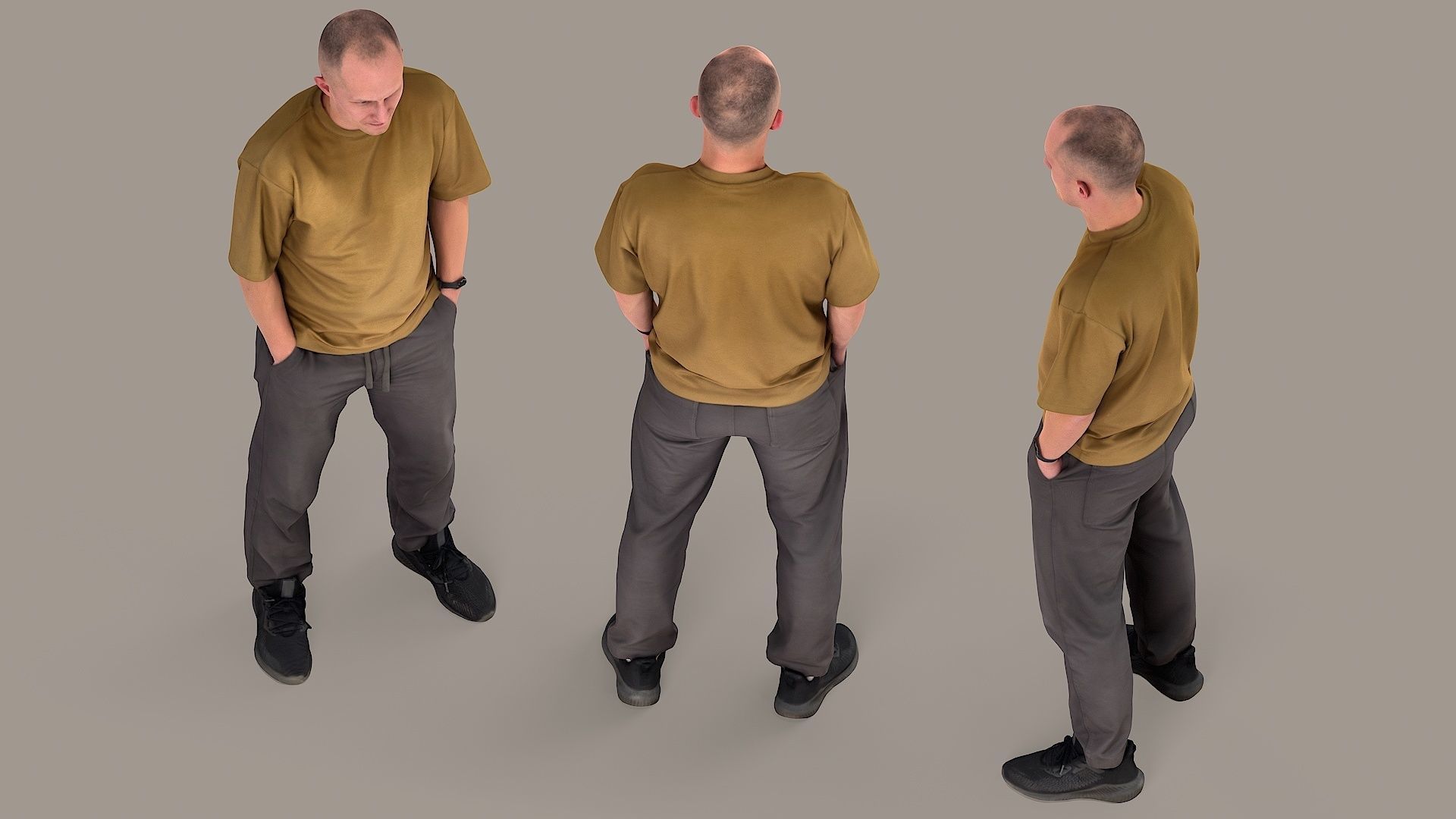 Urban Minimalist Bald Man in Mustard T-Shirt 3D model_4