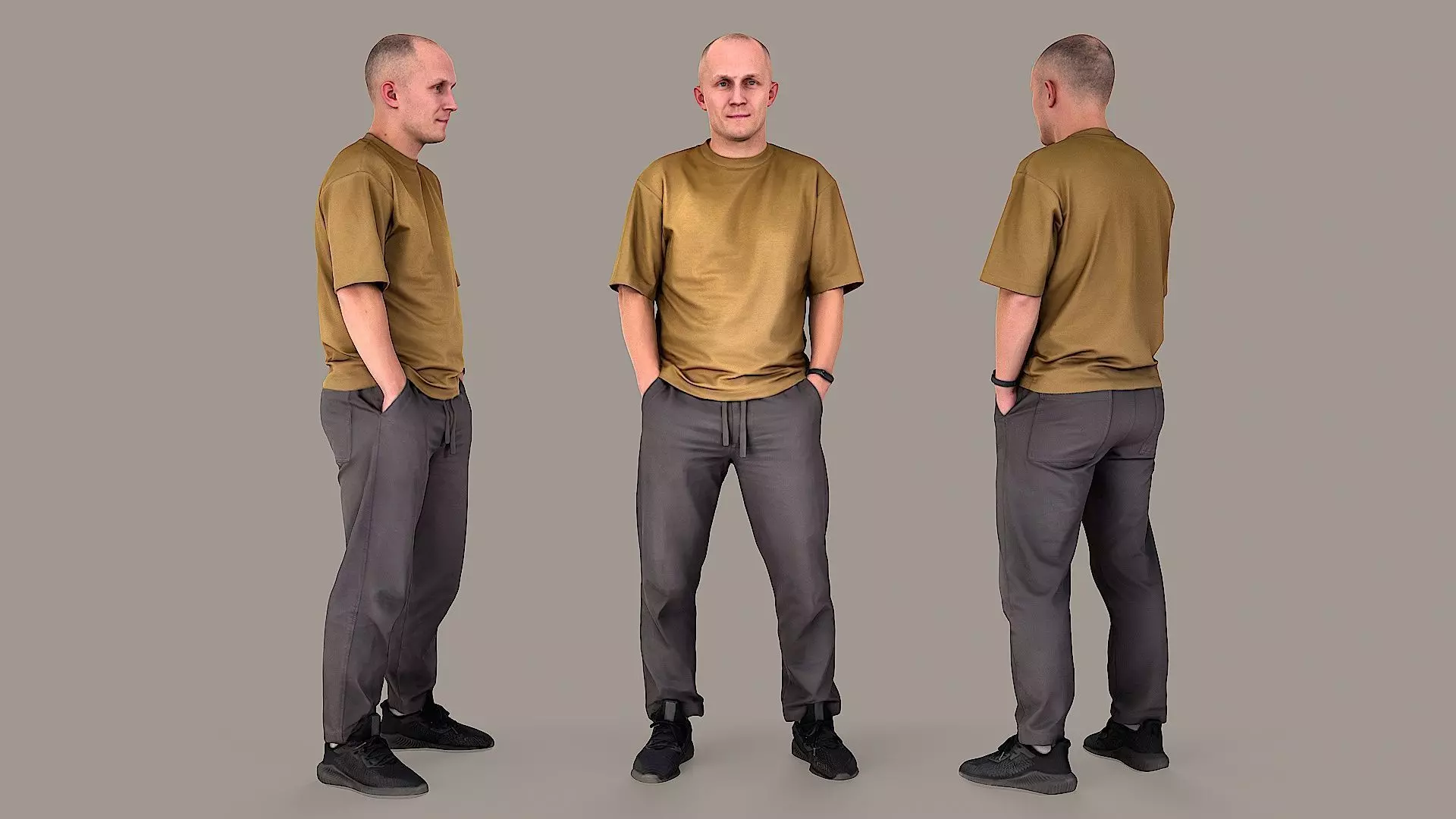 Urban Minimalist Bald Man in Mustard T-Shirt 3D model_0