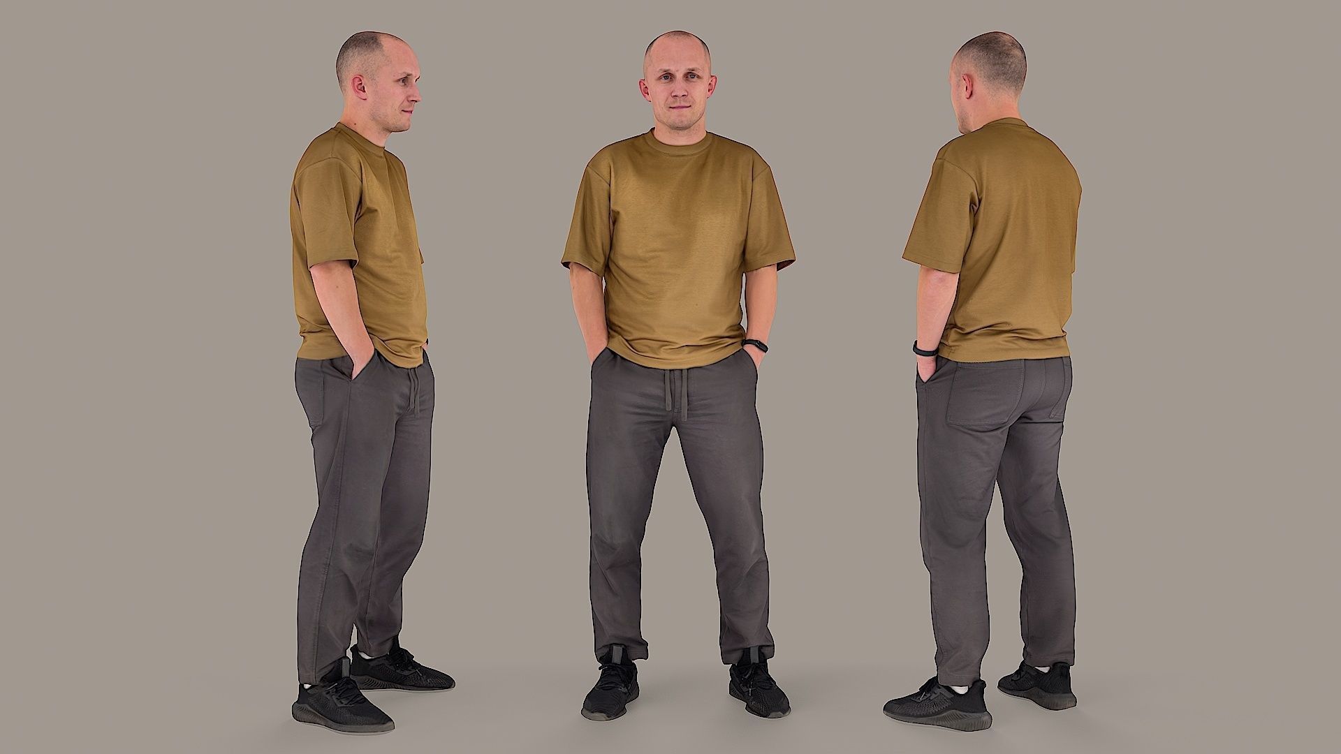 Urban Minimalist Bald Man in Mustard T-Shirt 3D model_1