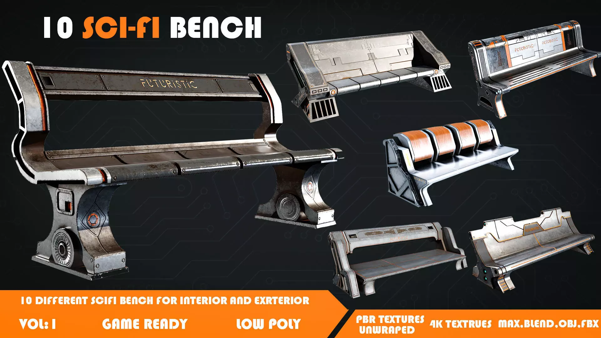 10 Sci-fi Bench Game Ready Low-poly 3D model_0