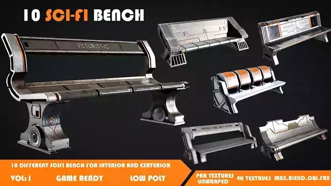 10 Sci-fi Bench Game Ready Low-poly 3D model